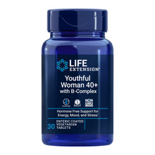 Life Extension Youthful Woman 40+ with B-Complex, blue plastic tube, combines a variety of active B vitamins with a patented Siberian rhubarb extract to help combat general fatigue, feelings of stress and other discomforts women commonly experience with age.