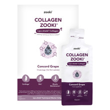 Collagen Zooki  in Grape flavour, 14 sachets, each provide hydrolysed collagen + vitamin C for healthy skin, bones, cartilage & teeth.
