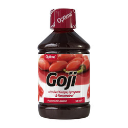 Optima Goji Berry Superfruit Juice - 500-ml brown plastic bottle with white & red label; made from pure, unrefined goji juice and contains high levels of antioxidants and nutrients to help boost energy