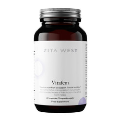 Zita West Vitafem - 60-Capsules bottle; a premium multivitamin and multi-mineral supplement specially developed to help improve and maximise fertility, redress nutritional imbalances and provides vitamins for conception.