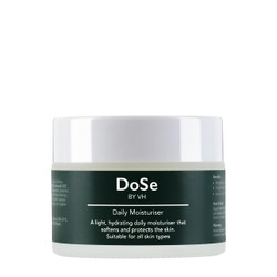 DoSe  Daily Moisturiser 50ml in a glass jar with green label and white cap;  a hydrating & moisturising face cream suitable for all skin types including sensitive skin.