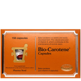 Pharma Nord Bio-Carotene - 150-Capsules box; provides 9-mg of beta carotene, vitamin A activity 1500iu, which helps maintain healthy skin and helps maintain the health of the eyes.