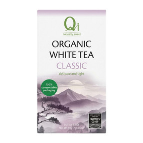Qi Teas Organic White Tea - 25-Tea Bags white and lilac cardbord box; delicately sweet and has the highest level of antioxidants compared to other white teas