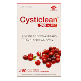 Cysticlean 240mg PAC Capsules 60's - 60-Capsules front image; works to prevent & treat cystitis and urinary tract infections