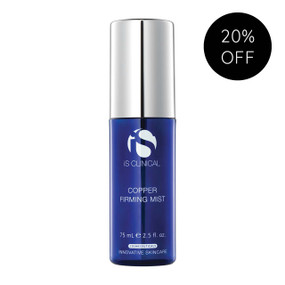 iS Clinical Copper Firming Mist 75 ml blue bottle; instantly hydrates and protects the skin against the signs of ageing.