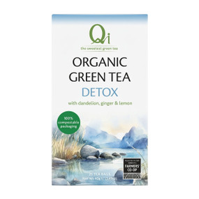 Qi Teas Organic Detox Green Tea - 25-Tea Bags white and blue carboard box; contains natural cleansing and diuretic properties of milk thistle, dandelion root, ginger, lemon, and a hint of peppermint, which support your liver and kidneys and cleanse the body.