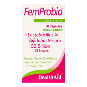 HealthAid FemProbio Capsules - 30-Capsules  glass jar in a box; a unique probiotic for women to prevent & treat thrush, yeast infections, cystitis, urinary tract infections and restore flora in the gut.