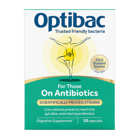 OptiBac Probiotics For Those On Antibiotics - 10-Capsules green box; a probiotic supplement for those taking antibiotics