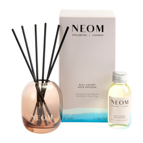 NEOM Real Luxury Reed Diffuser delivers 100% natural fragrance that lasts up to 12 weeks in a stylish, refillable glass vessel for sustainable calming aromatherapy.