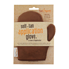 TanOrganic Luxury Self Tan Application Glove - 1-Mitt in a brown carton box; helps you perfect a flawless, streak-free tan.