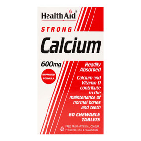 HealthAid Calcium 600mg Chewable - 60-Chewable Tablets glass bottle in a box; contains 600mg of Calcium carbonate which is one of the most important minerals in the body.