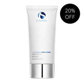 iS Clinical Warming Honey Cleanser - 120-Grams  in a white tube and blue box; delivers powerful antimicrobial, antibacterial and antifungal benefits to deep clean pores and control acne and breakouts while protecting the essential skin barrier.