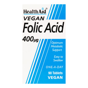 HealthAid Folic Acid Tablets - 400-mcg 90-Tablets glass jar in a box; important for the formation of red blood cells.