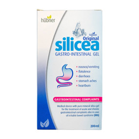 Hubner Silicea Gastro-Intestinal Gel - 200-ml white cardboard box; helps to treat stomach disorders including flatulence, diarrhoea & stomach pain.