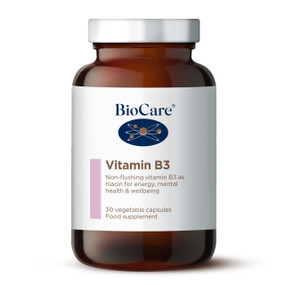 BioCare Vitamin B3 (niacinamide 100mg) - 30-Capsules brown glass jar with a white label