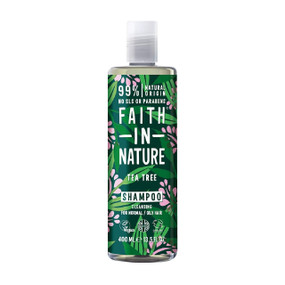 Faith In Nature Tea Tree Shampoo - 400-ml plastic bottle with green label; gently cleanses to alleviate itchy scalp & dandruff.