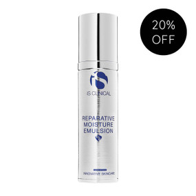iS Clinical Reparative Moisture Emulsion 50ml silver bottle; an intensive, rejuvenating moisturiser featuring technology that has been clinically proven to help prevent and repair DNA damage