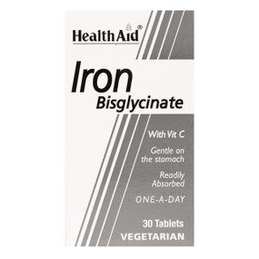HealthAid Iron Bisglycinate - 30-mg 30-Tablets glass jar in a box; an extra gentle form of iron which is highly absorbable unlike synthetic iron medications.