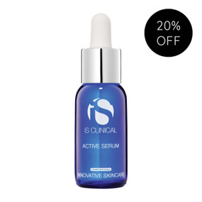 iS Clinical Active Serum 15-ml blue glass bottle with a pipette; diminishes, fine lines and wrinkles, evens pigmentation, smoothes, and controls acne.