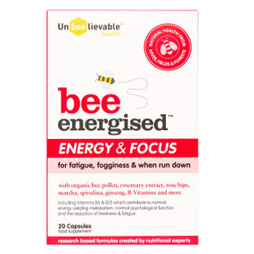 Unbeelievable Health Bee Energised Energy & Focus - 20-Capsules box; organic Bee pollen all in one synergistic formula combines nutrient rich ingredients with a proven history of benefits when it comes to supporting energy & focus