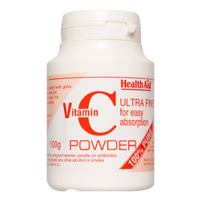 HealthAid Vitamin C 100% Powder - 100-Grams white plastic bottle; ideal for those who cannot swallow vitamin C capsules or tablets