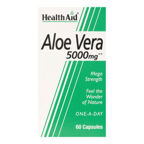 HealthAid Aloe Vera Capsules - 5000-mg 60-Capsules green & white box; contains pure Aloe Vera with benefits for digestion, constipation & for a glowing skin.