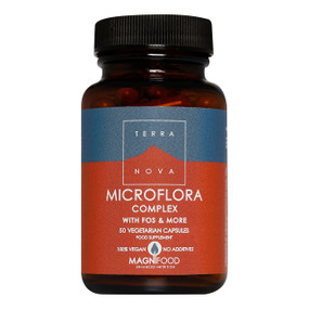 Terranova MicroFlora Complex with FOS and More - 50-Capsules - brown amber glass jar with black lid and brown and grey label