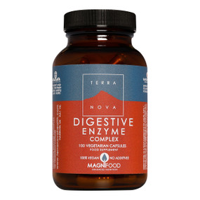Terranova Digestive Enzyme Complex - 100-Capsules brown amber glass jar with black lid and brown and grey label; helps break down food efficiently to prevent bloating
