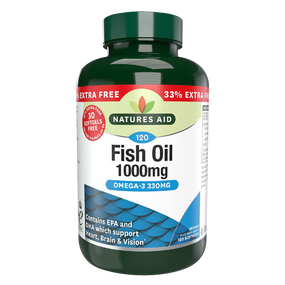 Natures Aid Fish Oil 1000mg (Omega 3) - 33% Extra Free - 120 caps - 90 + 30-Softgels green plastic bottle; provides omega 3 essential fats