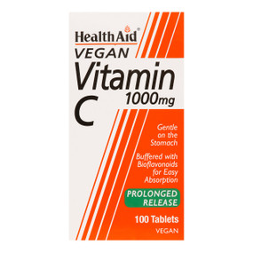 HealthAid Vitamin C 1000mg Prolonged Release 100 tablets- glass jar in a box; provides high strength vitamin C over a prolonged period of time.