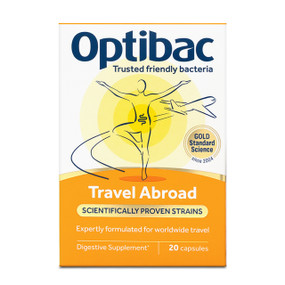OptiBac Probiotics Travel Abroad - 20-Capsules white and orange box;  contains 4 high quality strains of live cultures, such as Lactobacillus acidophilus Rosell-52, all proven to survive to reach the gut alive, and to survive in warmer, more humid climates