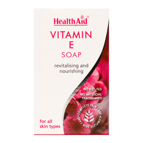 HealthAid's Vitamin E Soap for face, 100 grams white box with red writing, works to protect skin against ageing free radicals.