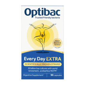OptiBac Probiotics For Every Day Extra Strength - 90-Capsules white and blue box; An advanced, high-strength daily supplement to complement your body's natural gut bacteria