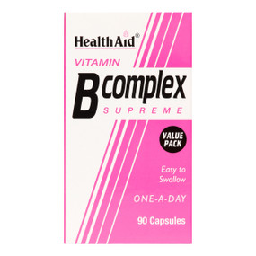 Healthaid Vitamin B Complex, 90 capsules, glass bottle in a pink box;  helps enhance energy, increase metabolism & support the nervous system