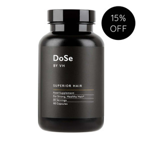 Dose by VH Superior Hair  Stop 90-Capsules in a black plastic tub with black label; a hair loss supplement for women & men which also enhances hair growth.