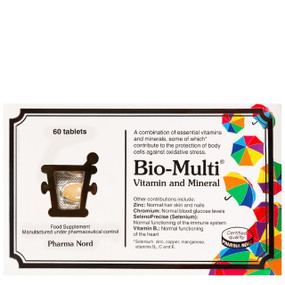 Pharma Nord Bio-Multi Vitamin and Mineral 60-capsules white box; contains 18 different vitamins, minerals and micronutrients
- box; based on the latest scientific insight into antioxidants and their vital contribution to optimal health. Because antioxidants function within the body in a mutually supportive manner, multiple antioxidants are more effective than large doses of single antioxidants.