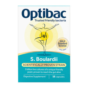 OptiBac Probiotics Saccharomyces Boulardii -  16-Capsules white & blue box; benefits the digestive system by controlling diarrhoea rapidly.