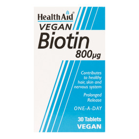 HealthAid Biotin 30 Tablets-glass jar in a box;  contains 800mcg of biotin, a member of the B-vitamins, that is used by the body for the production of various enzymes which helps body metabolise fats and proteins