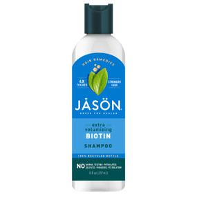 Jason Biotin Extra Volumizing Shampoo - 237-ml bottle with a blue label; helps to stimulate hair growth and transform fine, flat, thinning or weak hair, leaving it looking soft, healthy and fuller.