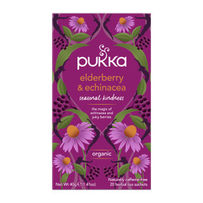 Pukka Herbs Elderberry and Echinacea Tea - 20-Tea Bags purple floral box; helps boost your immune system against colds and flu while working to alleviate pain from stomach, tooth and headaches