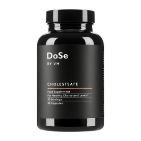 DoSe CholestSafe - 90-Capsules in a black plastic bottle with a black label;  a supplement to reduce high cholesterol with red yeast rice & liver cleansing herbs.