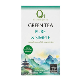 Qi Teas Qi Organic Green Tea -  25-Tea Bags green box; one of mellowest green teas; a light and refreshing high mountain green tea with a smooth golden taste. A natural, delicious alternative to coffee.