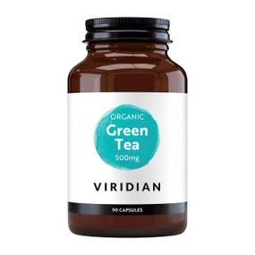 Viridian Nutrition Organic Green Tea - 90-Capsules bottle; provides the amino acid L-theanine which enhances brain relaxation and mental concentration.