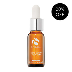 iS Clinical C Eye Advance+ 15ml glass amber bottle with a pipette; ombines potent antioxidants and peptides to lighten dark circles, reduce puffiness, diminish crow's feet and increase collagen production to leave you with smoother, brighter, more youthful-looking eyes.