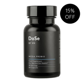 Dose  Mega Probiotic, 60-Capsules black plastic bottle with a black label;  a probiotic supplement free from dairy, gluten & wheat- for digestion, gut health & immunity. Suitable for both men & women.
