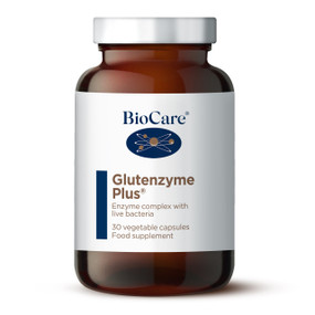 BioCare Glutenzyme Plus - 30-Capsules in a brown glass jar with a white label; 
a supplement for those who are gluten intolerant.