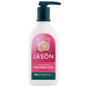 Jason Invigorating Rosewater Body Wash - 887-ml white plastic pump bottle with pink label; a gentle, soothing cleanser for your body that leaves your senses soothed and calmed