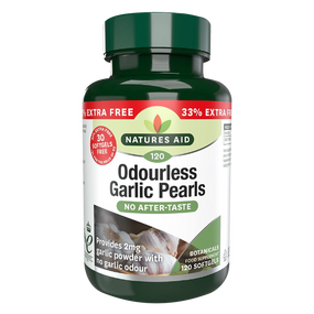 Natures Aid Odourless Garlic Pearls 2mg - 33% Extra Free - 90 + 30-Softgels green plastic bottle; an easy to swallow odourless garlic supplement.
