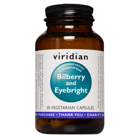 Viridian Nutrition Bilberry and Eyebright 30-capsules - bottle; part of the Viridian range of quality supplements for eye disorders.