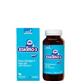 Metagenics (formerly Nutri Advanced) Eskimo 3 Fish Oil 250-capsules - brown glass bottle with blue label and blue carton; provides all the benefits associated with omega-3 essential fatty acids
